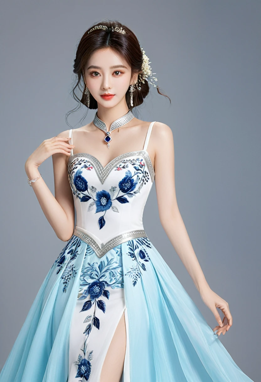 Realistic photo style, whole body 사진에 아름다운 아시아 소녀가 등장합니다., Wearing a unique ethnic style evening gown with delicate skin., bright and lively eyes, Thick eyelashes that look especially attractive. Long dresses are slim and elegant., Eye-catching silver jewelry and alcohol. The high-collar design adds an elegant atmosphere., Color of blue and white porcelain. using light and shadow, The vivid and harmonious appearance of the protagonist is highlighted... whole body, (masterpiece, best quality, professional, perfect composition, very aesthetic, absurd, very detailed, intricate details:1.3)