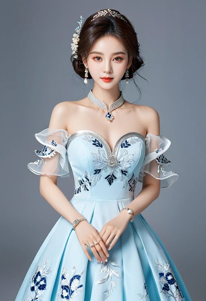 Realistic photo style, whole body 사진에 아름다운 아시아 소녀가 등장합니다., Wearing a unique ethnic style evening gown with delicate skin., bright and lively eyes, Thick eyelashes that look especially attractive. Long dresses are slim and elegant., Eye-catching silver jewelry and alcohol. The high-collar design adds an elegant atmosphere., Color of blue and white porcelain. using light and shadow, The vivid and harmonious appearance of the protagonist is highlighted... whole body, (masterpiece, best quality, professional, perfect composition, very aesthetic, absurd, very detailed, intricate details:1.3)