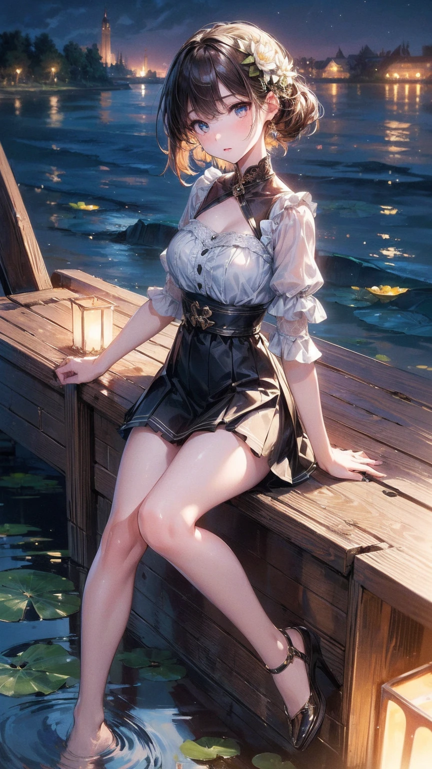 (high quality, 8K, Original Characters), (fact: 1.5), (masterpiece, best quality, high resolution: 1.2), girl, Summer Night, (Smooth texture: 1.5), Sexy short skirt, Exquisite eyes, Exquisite images, Boat, river, Facing the camera, There is a big lotus behind, moonlight, breeze, firefly