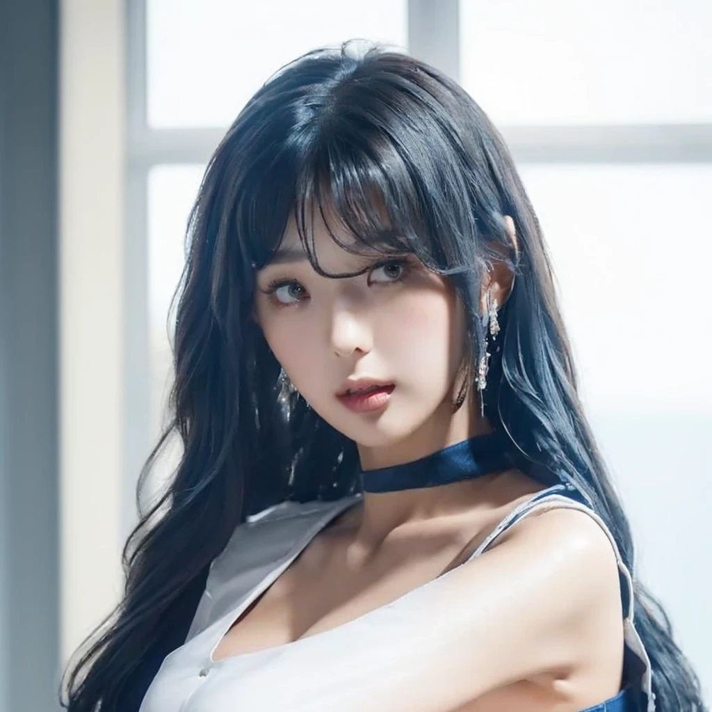 (((sexy crop dark blue flight attendant uniform with heels))) (((half body three girl foto))), detailed skin, ((asia white skin color)), detailed skin, big breasts, slim body, gigantic breasts, Slim Waist, 4K resolution,((pursed lips)) (((short hair BLACK wavy bangs thick hairstyle))) ((white skin)) ((extremely detailed face)) ((extremely detailed eyes)) (((sexy body pose))) ((outdoor background at luxury plane, passangers etc)) (((looked on camera))) look camera, ((sixpack woman)) ((model posture)), face extremely detailed, full body color photo of a 22 y.o girl, beautiful face, beautiful eyes, ((skin details, high texture)), hand fix, finger fix, nails fix, realistic hand wrinkles, realistic eyes, octane render, simetris eyes.