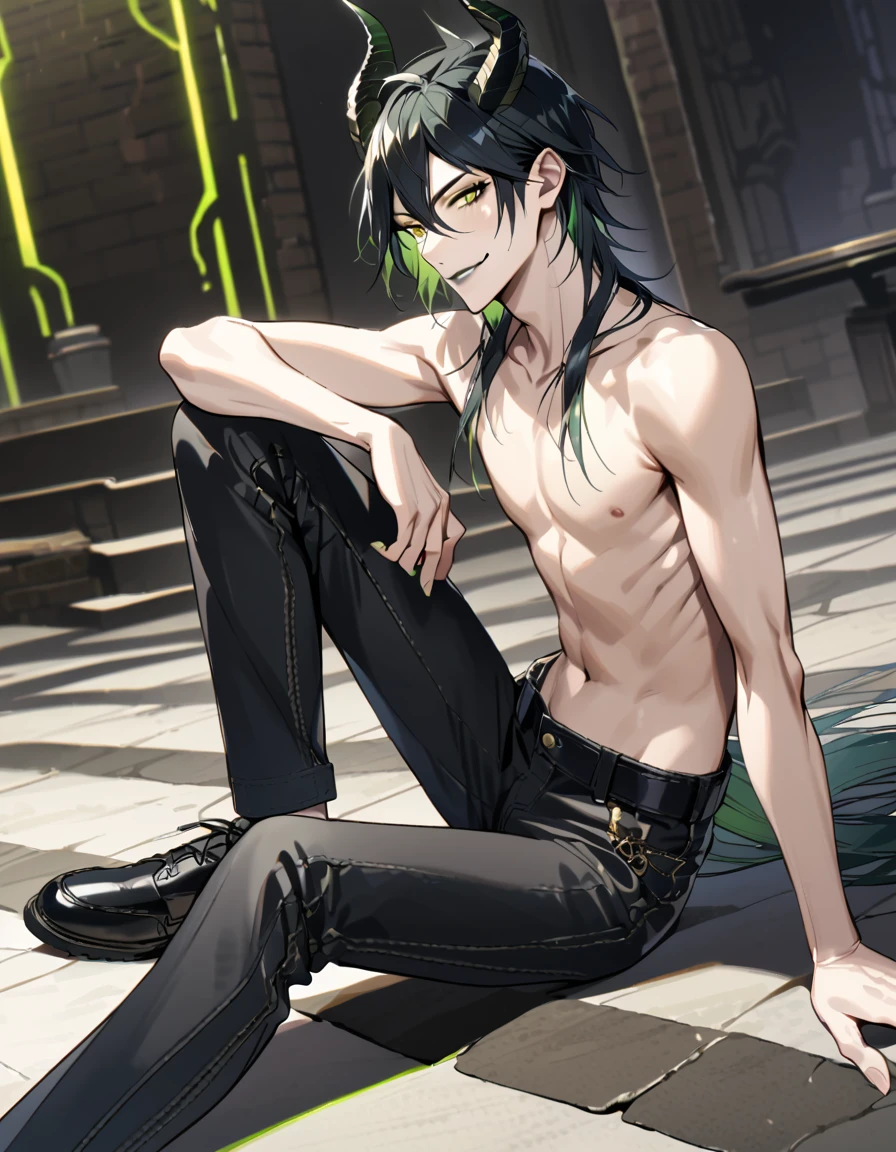masterpiece, highres, absurdres, illustration, 1boy, sitting on floor, topless, black leather jacket, jeans, dynamic angle, malleus draconia (twisted wonderland) horns, bishounen, boy, male, yana Toboso style, long hair, black hair, yellow green eyes, smile, gray lips, handsome, skinny, tall, yellow green glow,