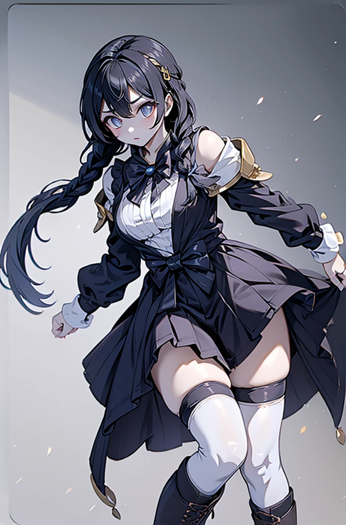 Correct body proportions,Golden ratio,braid,braid,braid,braid,Braid,单侧braid,单条braid,Dress,蓝色Dress,Blue skirt,Off-shoulder装,Off-shoulder,Black Hair,Black Hair,Golden Eyes,Golden pupils,Golden Eyes,Golden Eyes,Golden pupils,White lace trim,White knee socks,White garter stockings,White knee socks,White socks,White tights,White Silk,Waist,Waist,Waist,Black boots,Black boots,Sassy,Handsome,murderous,murderous,Vicious,cool girl,Mature girl,Busty girl,Fantasy style,Fantasy style,Close-up above the waist,Big breasts,Big breasts,Fantasy style,Dark Style,Gothic style