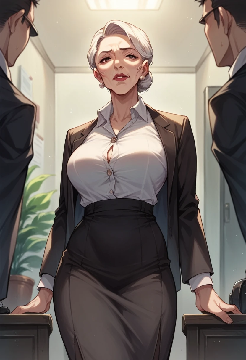 grandmother in a noir office room as a detective