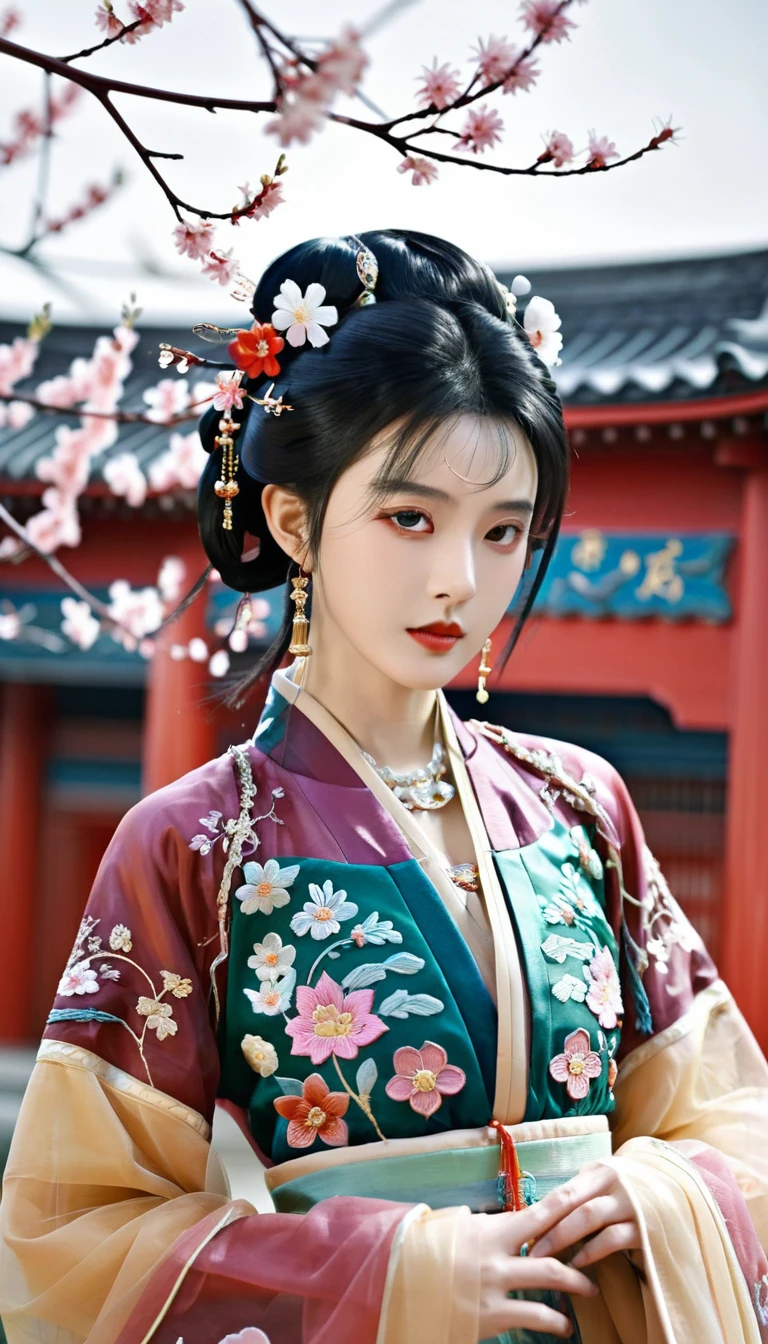 masterpiece,best quality,8K,official art,ultra high res,1girl,looking at viewer,chinese clothes,hanfu,jewelry,hair ornament,upper body,solo,earrings,hyper_galaxy,torii,flower,black hair,necklace,teeth,hair bun,dress,parted lips,hair flower,((full body)),dress,hanfu,embroidery,exquisite,meticulous,(tulle:1.4),