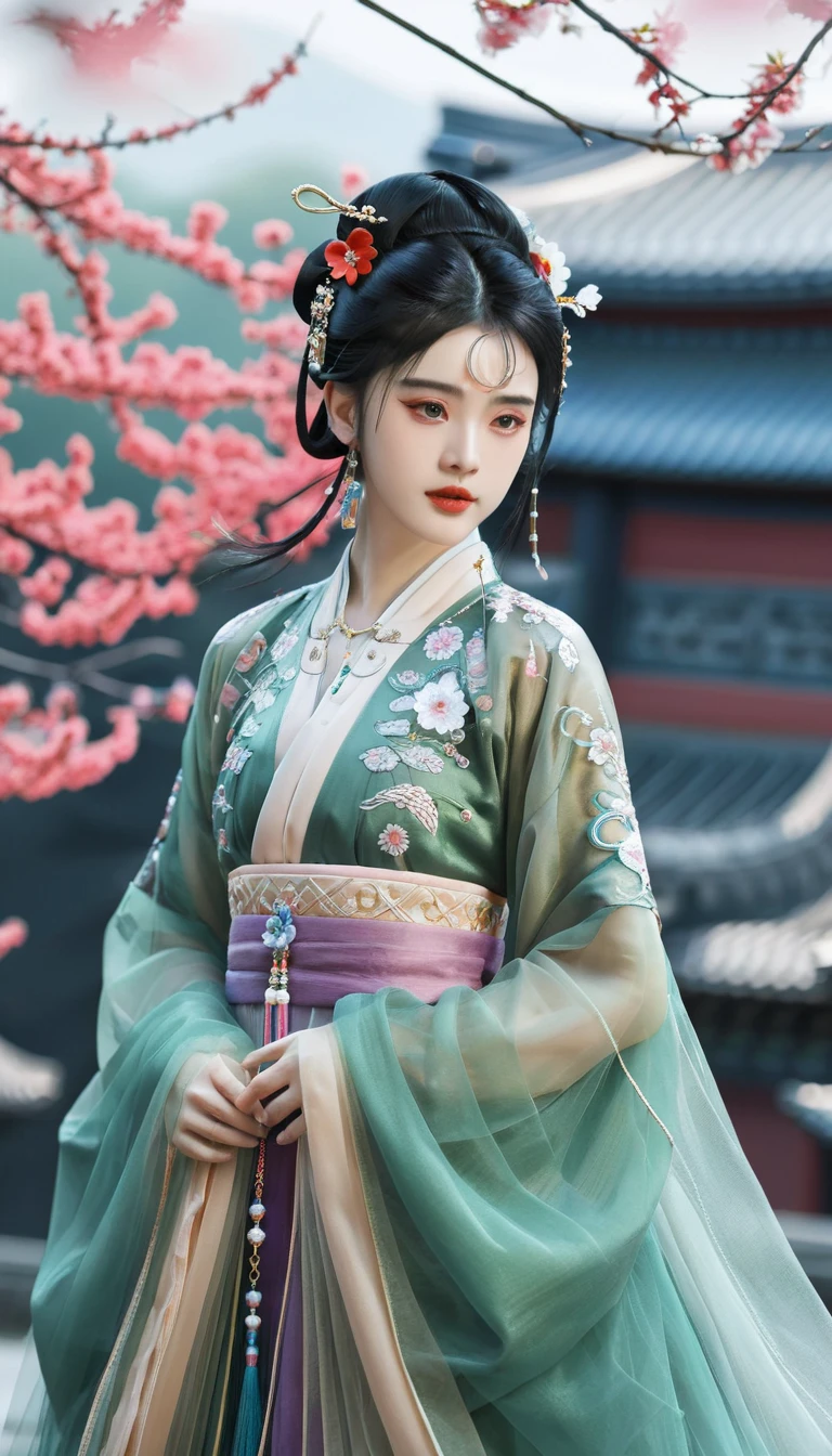 masterpiece,best quality,8K,official art,ultra high res,1girl,looking at viewer,chinese clothes,hanfu,jewelry,hair ornament,upper body,solo,earrings,hyper_galaxy,torii,flower,black hair,necklace,teeth,hair bun,dress,parted lips,hair flower,((full body)),dress,hanfu,embroidery,exquisite,meticulous,(tulle:1.4),