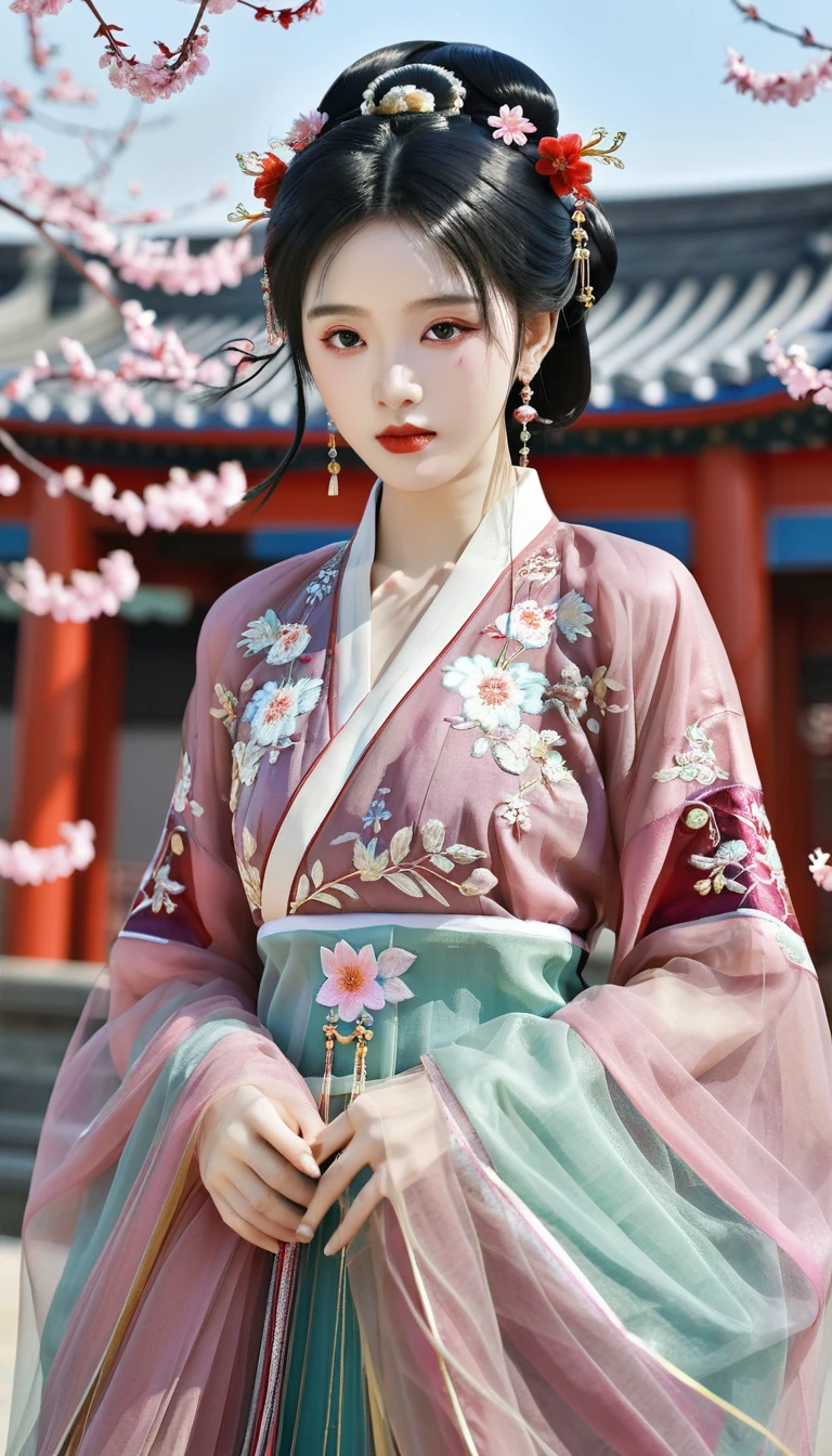 masterpiece,best quality,8K,official art,ultra high res,1girl,looking at viewer,chinese clothes,hanfu,jewelry,hair ornament,upper body,solo,earrings,hyper_galaxy,torii,flower,black hair,necklace,teeth,hair bun,dress,parted lips,hair flower,((full body)),dress,hanfu,embroidery,exquisite,meticulous,(tulle:1.4),