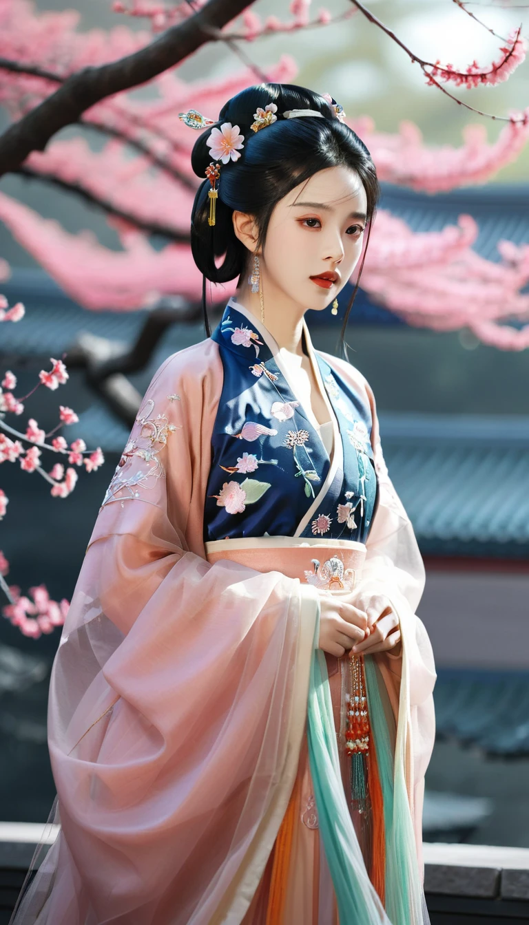 masterpiece,best quality,8K,official art,ultra high res,1girl,looking at viewer,chinese clothes,hanfu,jewelry,hair ornament,upper body,solo,earrings,hyper_galaxy,torii,flower,black hair,necklace,teeth,hair bun,dress,parted lips,hair flower,((full body)),dress,hanfu,embroidery,exquisite,meticulous,(tulle:1.4),