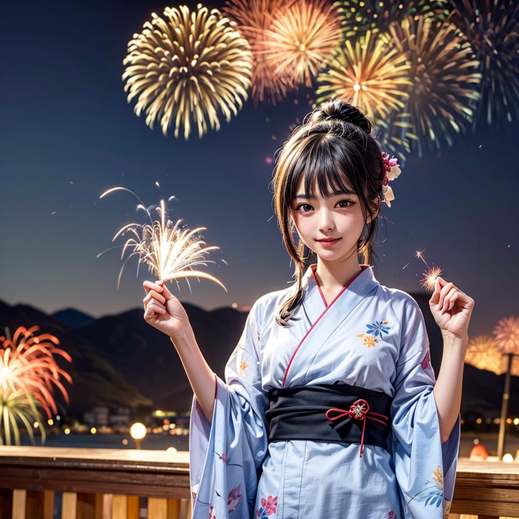 A beautiful summer girl in a yukata The background is a fireworks display