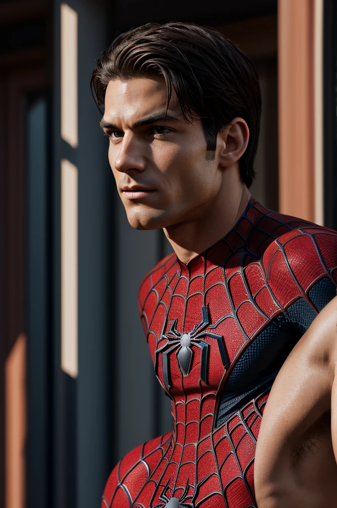 A photograph of Spider-Man., sin mascara, the 20s, naked, detailed face, looking to the camera, portrait, 8k hd, high quality