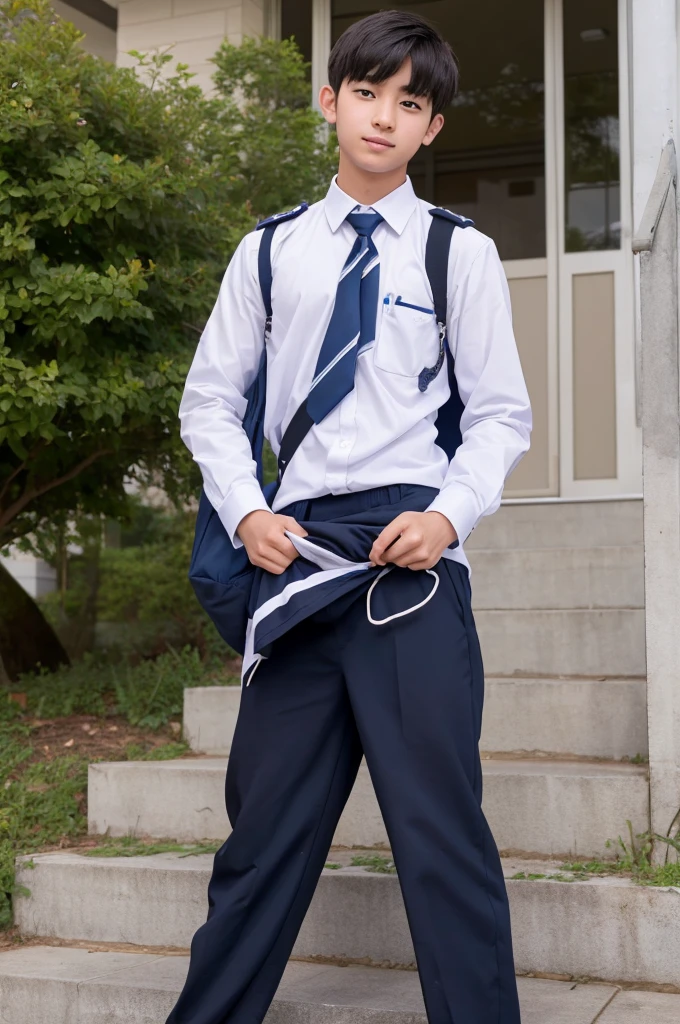 A male high school student in a uniform pulls down his pants to reveal his foreskin and balls