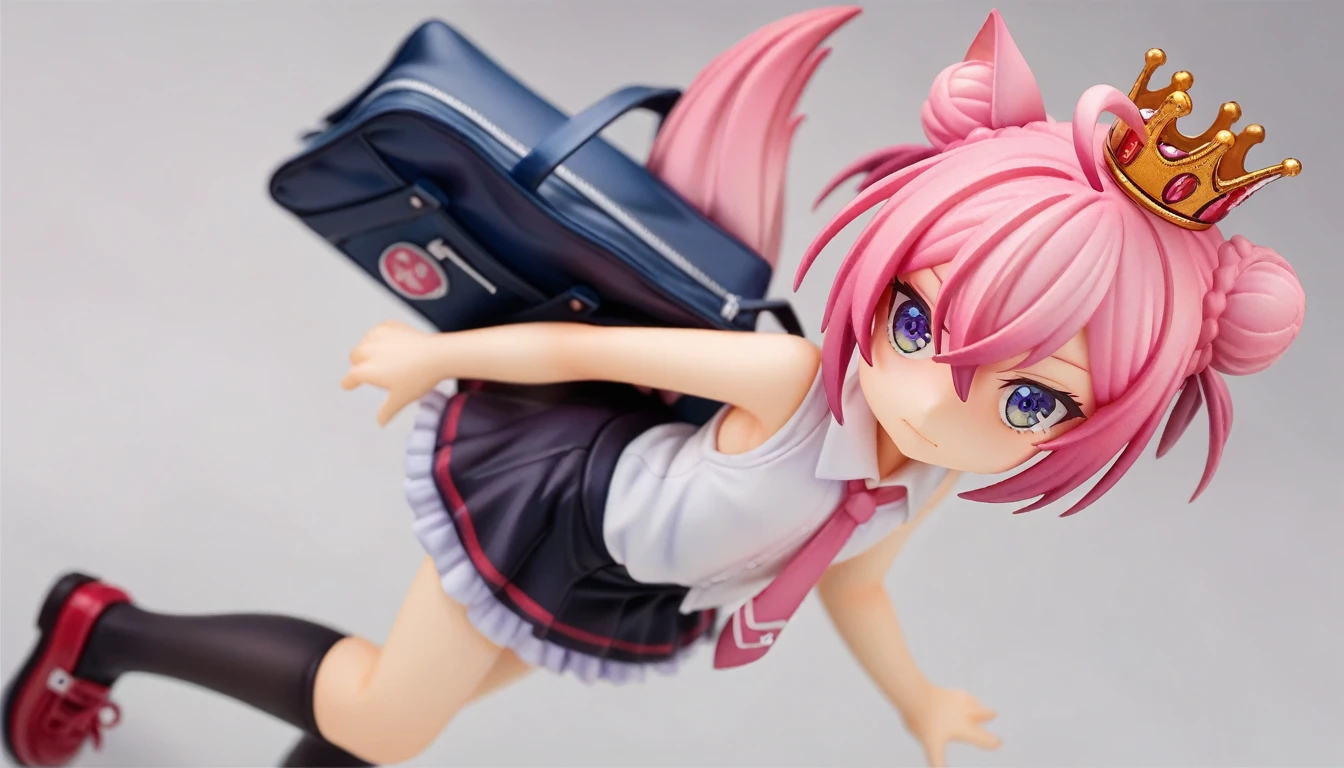 best quality,ultra detailed,extremely detailed and beautiful,perfect anatomy,perfect hands,School zone, from above,(8-year-old,child), (1 girl,solo),(hakui_koyori),(flat chest,small areola), animal ears,wolf tail,pink hair, (ahoge),crown braid,double bun, purple ey,es,(red school bag ),collared white shirt, frilled skirt, pink necktie , navel, sleeveless, black stocking, (black skirt),(half undressed:1.5),