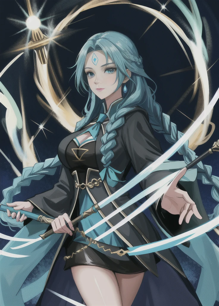 1. Witch Woman, Wearing a black robe with white parts, Have a magic wand, Blue rays behind her, Staring at the audience, Forehead mark, she has (Blue long hair) With braids (Green Eyes), Very large breasts, A blue magical aura swirling around her body, Around her is a forest filled with magical creatures., Anime Style, Symmetric, Anatomically correct, 16K, High resolution, 最high quality, Awards, high quality, Attention to detail, 超High resolution, masterpiece, Accurate