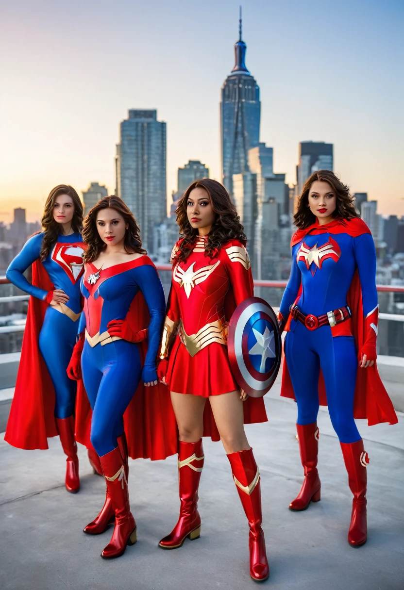 a high-resolution group image featuring five female versions of iconic superheroes standing together, Superwoman wears a vibrant blue bodysuit with a red 'S' emblem, a extremely short red skirt, flowing cape, and red boots, Batgirl is clad in a dark blue bodysuit with a gold bat emblem, a extremely short skirt, flowing cape, and gold-trimmed boots. Spider-Woman sports a red and blue bodysuit with a white spider emblem, a extremely short red and blue skirt, Iron Woman dons a red and gold armor suit with a glowing arc reactor, a extremely short red and gold skirt, and stylish boots. Captain America (female version) dresses in a blue bodysuit with white and red accents, a extremely short blue skirt, a white star emblem, and red boots, holding a round shield With star symbol, They stand united on a rooftop against a sunset city skyline, embodying strength, unity, and readiness to protect, each showcasing their unique costumes and femininity.
