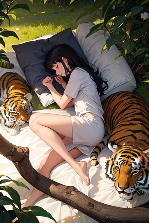 Girl sleeping with a tiger, forest,