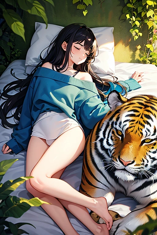 Girl sleeping with a tiger, forest, 