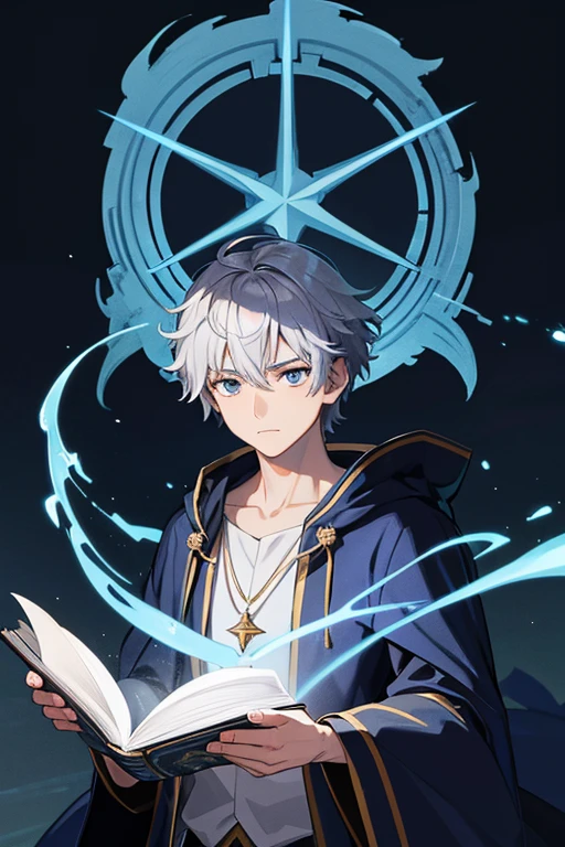 masterpiece, Highest quality, High resolution,Anime Style、Anatomically correct、Silver Hair、Short Hair、male、Wizard、Robe、magic、Blue flames fly around、Hold the spellbook in one hand、With an ancient castle in the background、Upper body only