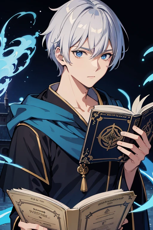 masterpiece, Highest quality, High resolution,Anime Style、Anatomically correct、Silver Hair、Short Hair、male、Wizard、Robe、magic、Blue flames fly around、Hold the spellbook in one hand、With an ancient castle in the background、Upper body only