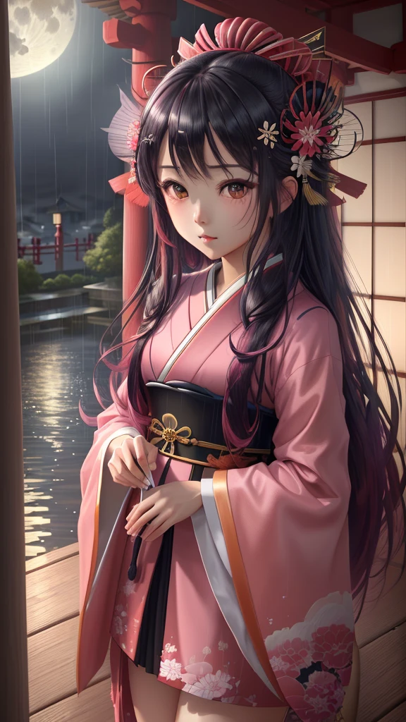 (8k, RAW photo: 1.2), best quality, ultra high resolution, dramatic angle, (splashes of detailed and vibrant colors), (illustration), (((1 Japanese girl)))), (dark pink long hair), (rain:0, 9), (hair ornament: 1.4), there is an ancient palace next to the girl, Chinese clothes, (focus on), colorful painting with ink, (splashes of colors), colored splashes, (((color))), (sketch: 0, 8),  Masterpiece, best quality, beautifully painted, highly detailed, (noise reduction: 0, 6), [paint splash], ((paint refraction)), (beautiful detailed sky), moon, highly detailed, (masterpiece, best quality, extremely detailed 8k CG unit wallpaper, masterpiece, best quality, ultra-detailed), (Lycoris radiata)