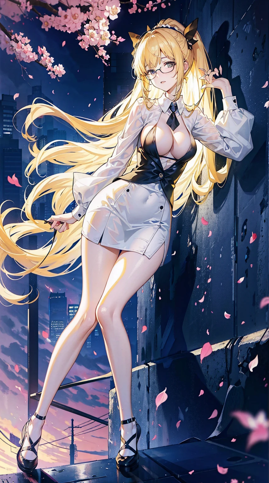 Young and beautiful Kathryn Newton, Glasses, White dress shirt, Very deep neckline, Black Mini Dress, Dark pantyhose, Surreal, , Model figure, Large Breasts, Beautiful breasts, Big Ass, Long hair, Ponytail, Blonde hair, Long legs, 8K, futuristic city, Cherry blossoms, sunrise, LED lighting, Anime style, (((Cleavage))),((Leaning against the wall,Sideways posture))
