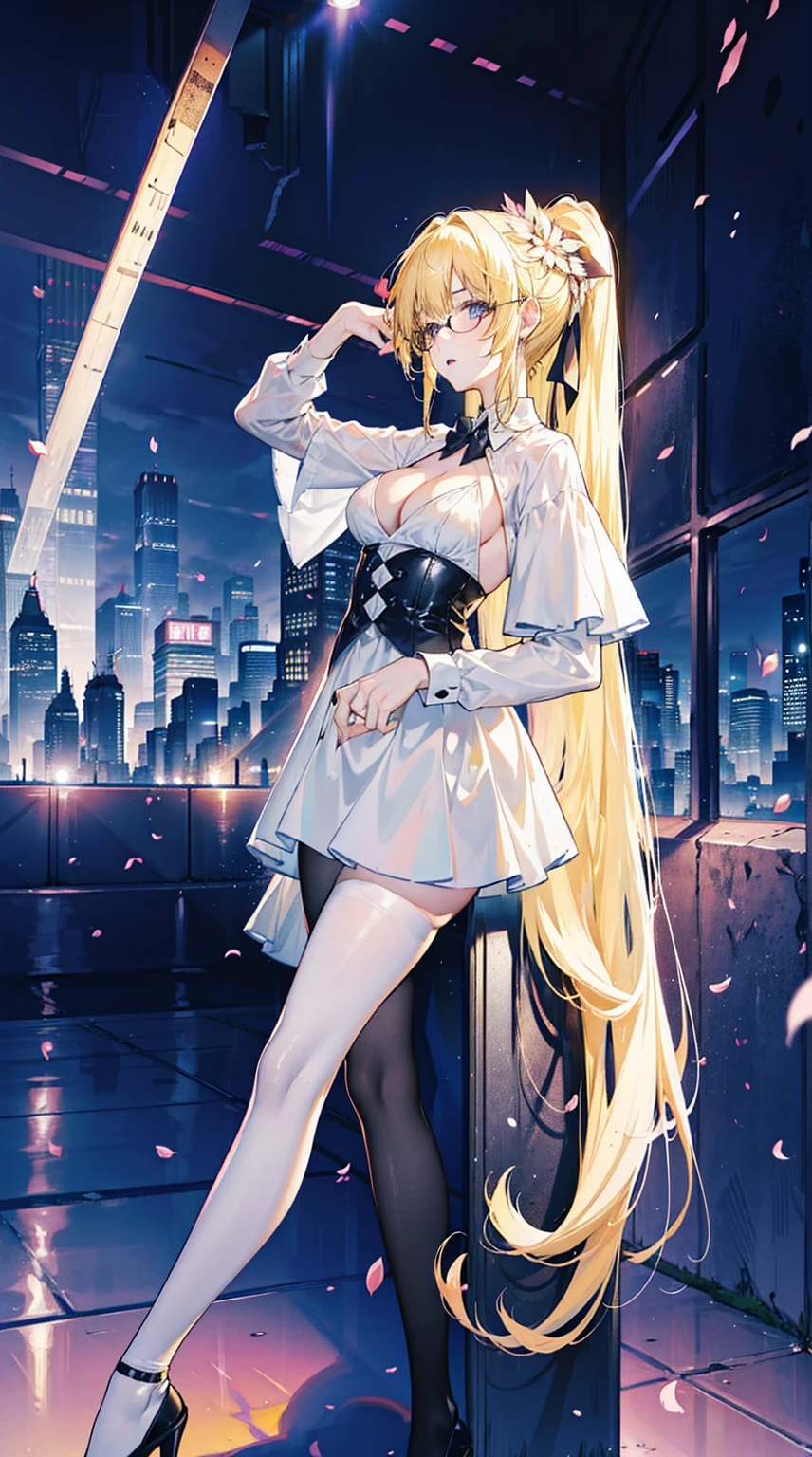 Young and beautiful Kathryn Newton, Glasses, White dress shirt, Very deep neckline, Black Mini Dress, Dark pantyhose, Surreal, , Model figure, Large Breasts, Beautiful breasts, Big Ass, Long hair, Ponytail, Blonde hair, Long legs, 8K, futuristic city, Cherry blossoms, sunrise, LED lighting, Anime style, (((Cleavage))),((Leaning against the wall,Sideways posture))