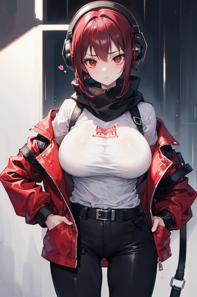 tall cute woman, massive breasts, wearing an opened red jacket with a white t-shirt and black pants, She has short dark red hair and wears a striped red and black scarf, also wearing red headphones, and a utility belt slinged across her shoulder, she is also wearing ski goggles on her head. She has a cold stern look on her face, arms behind her back, Rainy dark background, masterpiece, best quality