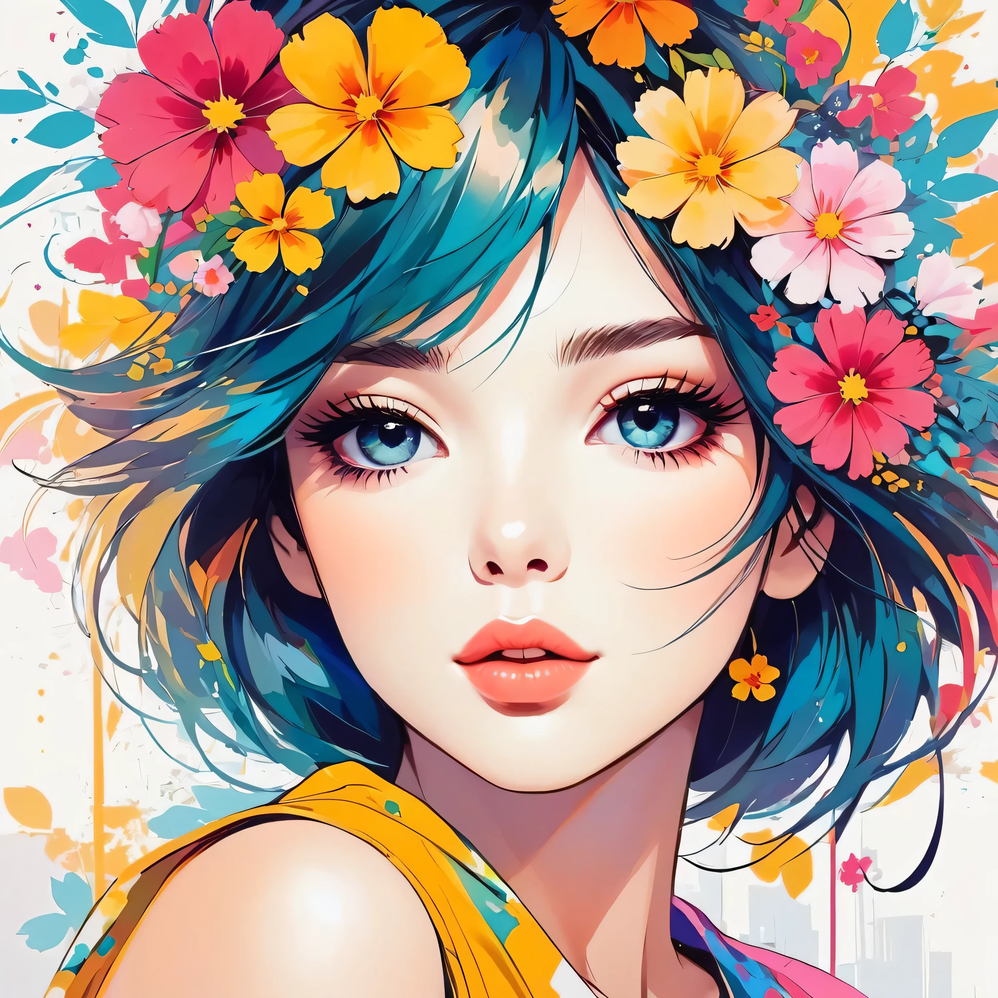 Mika Pikazo style, Simple Line Initialism，Abstract art，Urban Background, colorful flowers ,(((The most beautiful girl of all time))), Sweet face, Lips in love