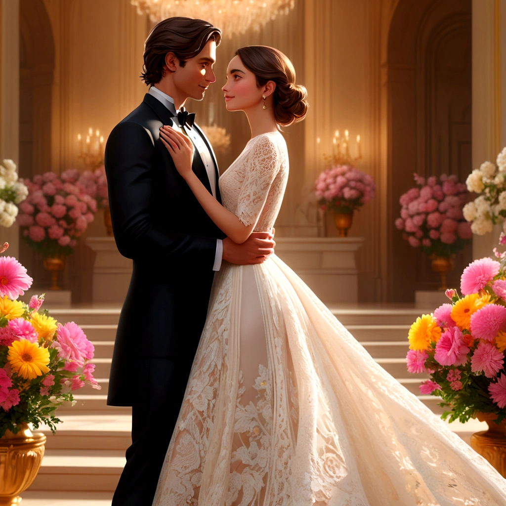 (ultra detailed, Best quality, A high resolution), whole body, dynamic angle,Smooth and dynamic,Cinematic,woman and man standing in the middle of a beautiful place for a date, (masterpiece:1.4), An elaborate outfit, woman in long dress with lace details, man in tuxedo, custom made, their faces express joy and love, background decorated with bright flowers and romantic decorations, (A high resolution:1.4), The woman's shiny skin and the man's formal attire create a striking contrast.., atmosphere, filled with happiness and the promise of a lifetime of dedication. (BREAK) intimate moment, couple exchanges loving glances, Hands and arms carefully