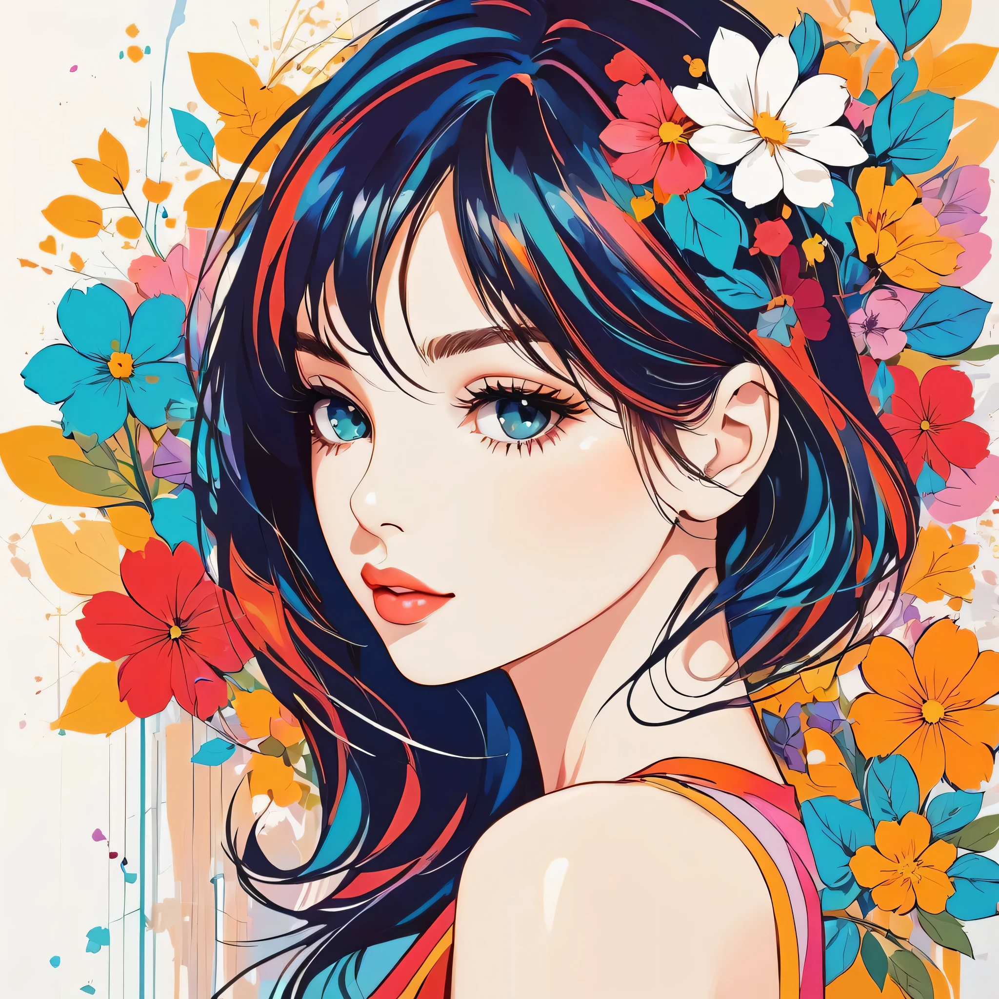 Mika Pikazo style, Simple Line Initialism,Abstract art,Urban Background, colorful flowers ,(((The most beautiful girl of all time))), Sweet face, Lips in love