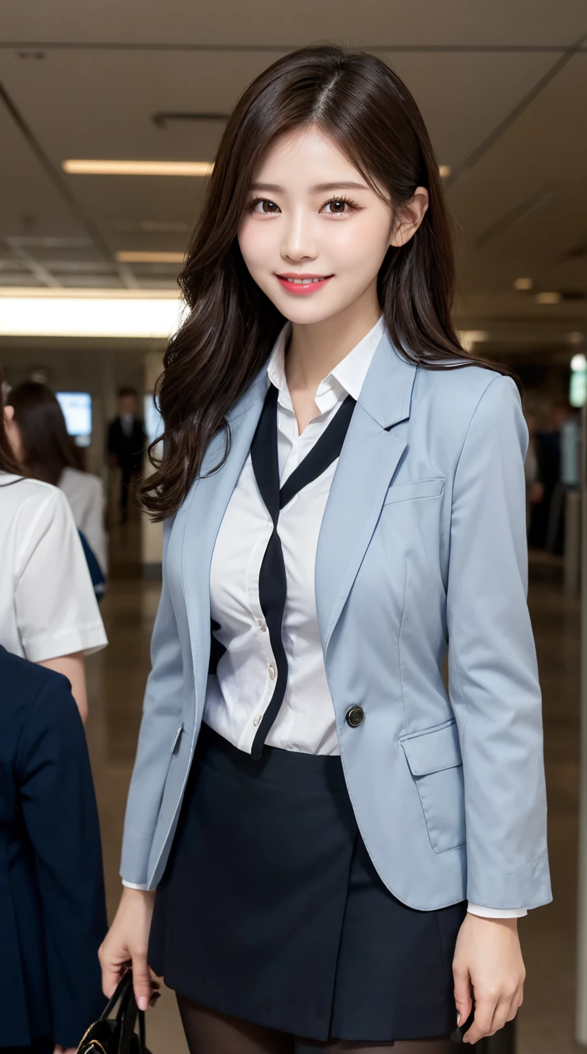 highest quality、table top、8k、best image quality、Award-winning work), two beautiful women、(2 women:1.6), radiant beautiful skin , masterpiece、top-quality、The ultra -The high-definition、depth of fields、lens flare , 2 girls、、brown hair, watching at viewers glares, large breasts , stewardess uniform, ( stewardess blazer:1.3), shirt, short skirt, (black high heels), perfect legs, model pose, view from below, smiling , airport arrival, pantyhose