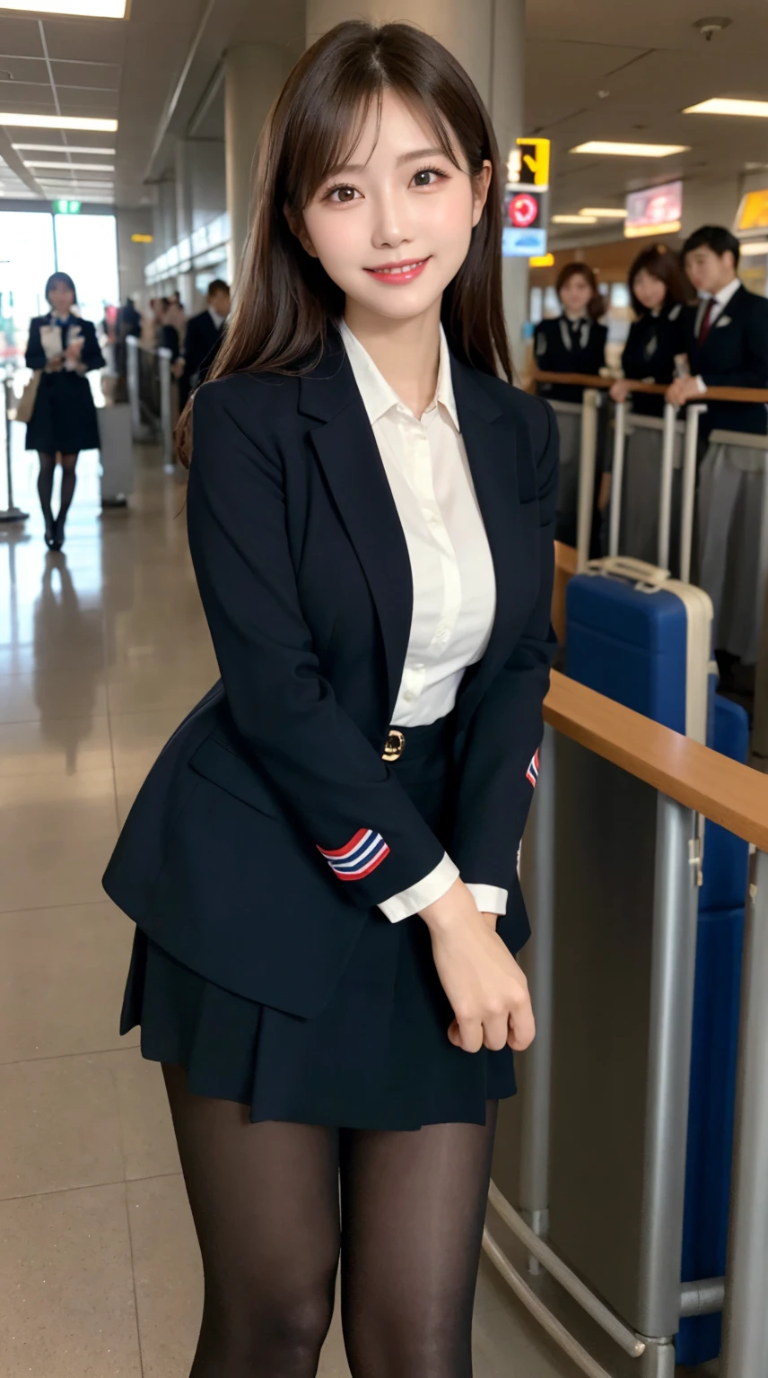 highest quality、table top、8k、best image quality、Award-winning work), two beautiful women、(2 women:1.6), radiant beautiful skin , masterpiece、top-quality、The ultra -The high-definition、depth of fields、lens flare , 2 girls、、brown hair, watching at viewers glares, large breasts , stewardess uniform, ( stewardess blazer:1.3), shirt, short skirt, (black high heels), perfect legs, model pose, view from below, smiling , airport arrival, pantyhose