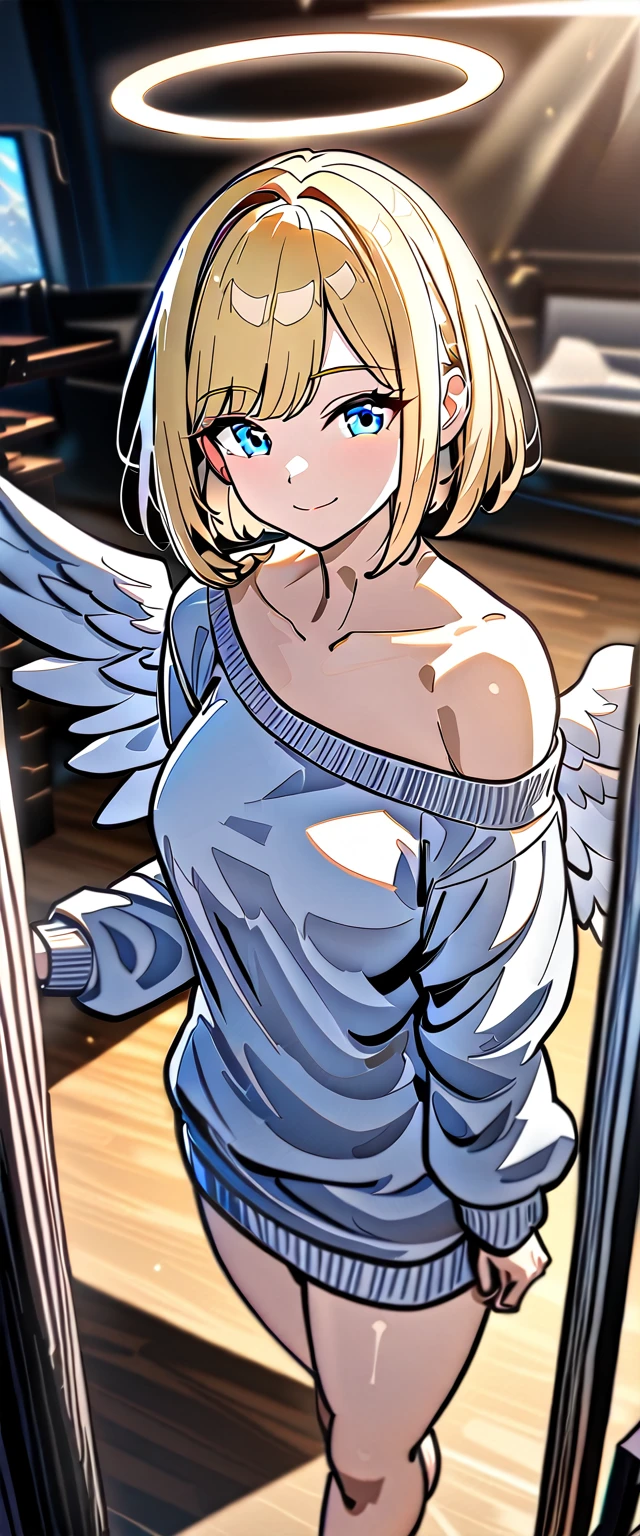((angel, big big white wings:1.3, halo:1.3)), ((from above)), (((sunglasses, hand to sunglasses))), (((cowboy shot))), archangel Uriel, ((wavy hair, inward curled hair)), evening, Sunset, ((blond hair, bob cut:1.3)), breasts, teenager, (looking at viewer), oversized clothes, puffy long sleeves, ((off-shoulder sweater:1.3, Quite thick shoulder straps)), ((white sweater)), collarbone, head tilt:1.3, (((blue eyes))), ((happy smile)), (((anime style))), (best quality, 4K, 8K, highres, masterpiece:1.2, ultra-detailed, ultra-detailed eyes, HDR, uhd, studio lighting, ultra-fine painting, sharp focus, physically-based rendering, extreme detail description, professional, vivid colors, bokeh)