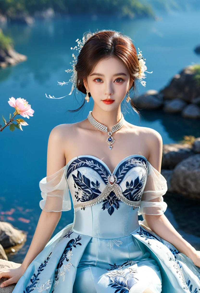 Realistic photo style, whole body 사진에 아름다운 아시아 소녀가 등장합니다., Wearing a unique ethnic style evening gown with delicate skin., bright and lively eyes, Thick eyelashes that look especially attractive. Long dresses are slim and elegant., Eye-catching silver jewelry and alcohol. The high-collar design adds an elegant atmosphere., Color of blue and white porcelain. using light and shadow, The vivid and harmonious appearance of the protagonist is highlighted... whole body, (masterpiece, best quality, professional, perfect composition, very aesthetic, absurd, very detailed, intricate details:1.3)