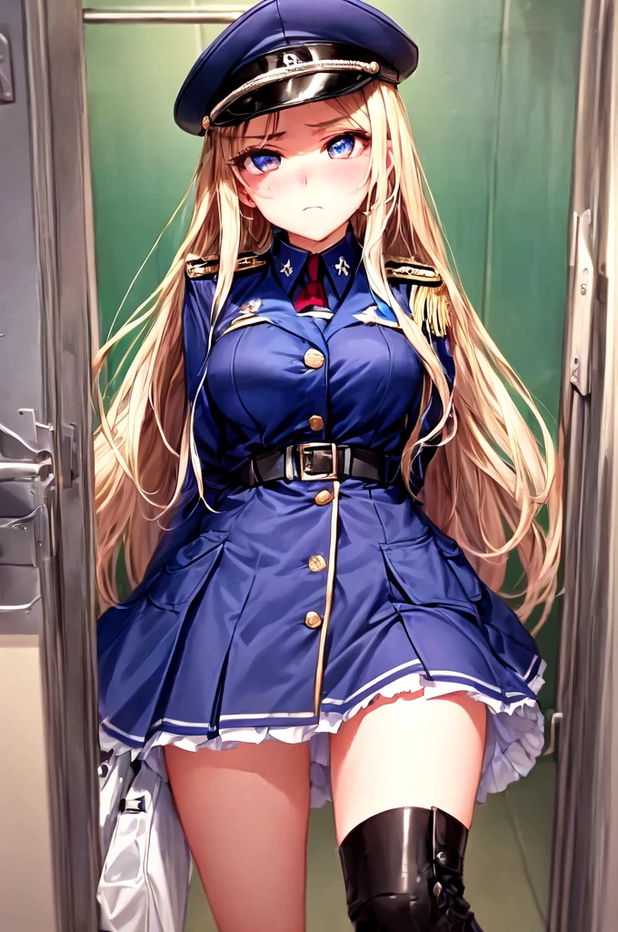 1 girl, sfw, beautiful girl, high quality, 18 years old, dictator, dictator hat, arrogant behave, arrogant, frustrated, outside, public, nazis, angry, (a girl is looking down the viewer), low angle, from below, (a girl disgusting the videwer), narrow eyed