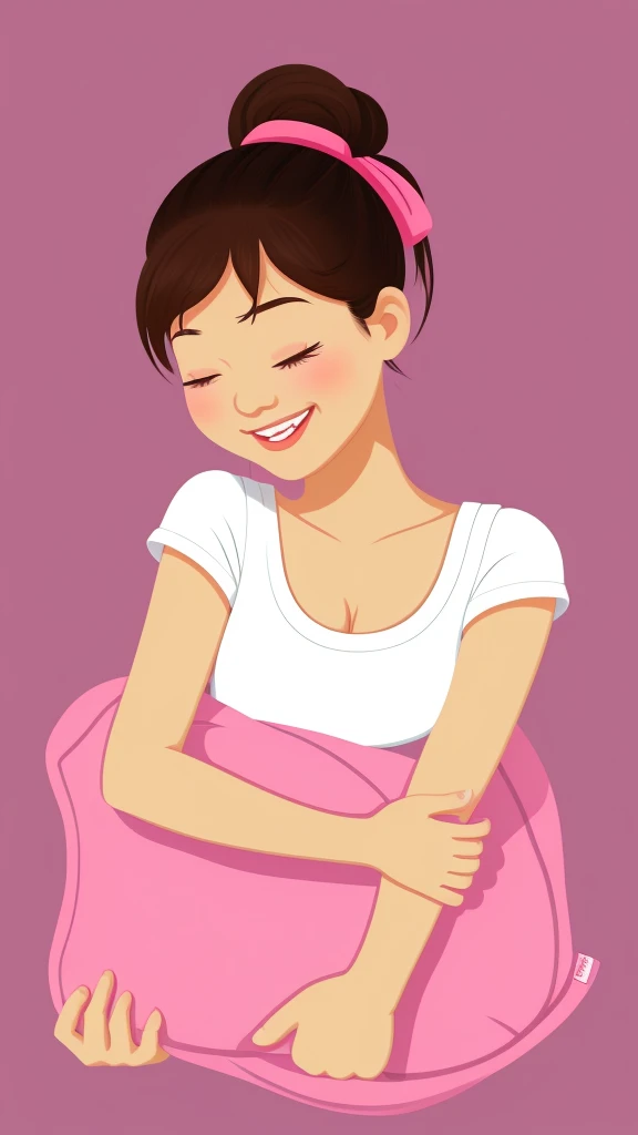 a cute cartoon illustration of an asian girl holding onto a pillow, 1girl, solo, one eye closed, smile, pillow, hair bun, white background, looking at viewer, blush, simple background