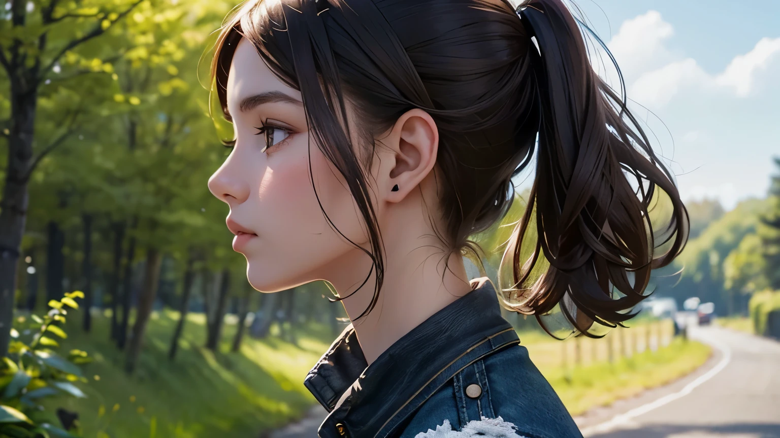 Upper body close-up image.Beautiful woman's profile. Dark brown hair. She is walking along a country road while listening to music on headphones. Wearing a jacket and black jeans. The fresh greenery is beautiful. An image of early spring.