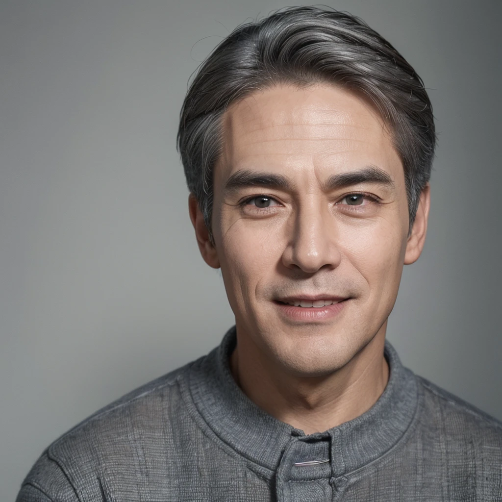 A 54-year-old man who looks young、Casual clothing、Short hair with some gray hair、Double eyelids、smile、Facing forward、