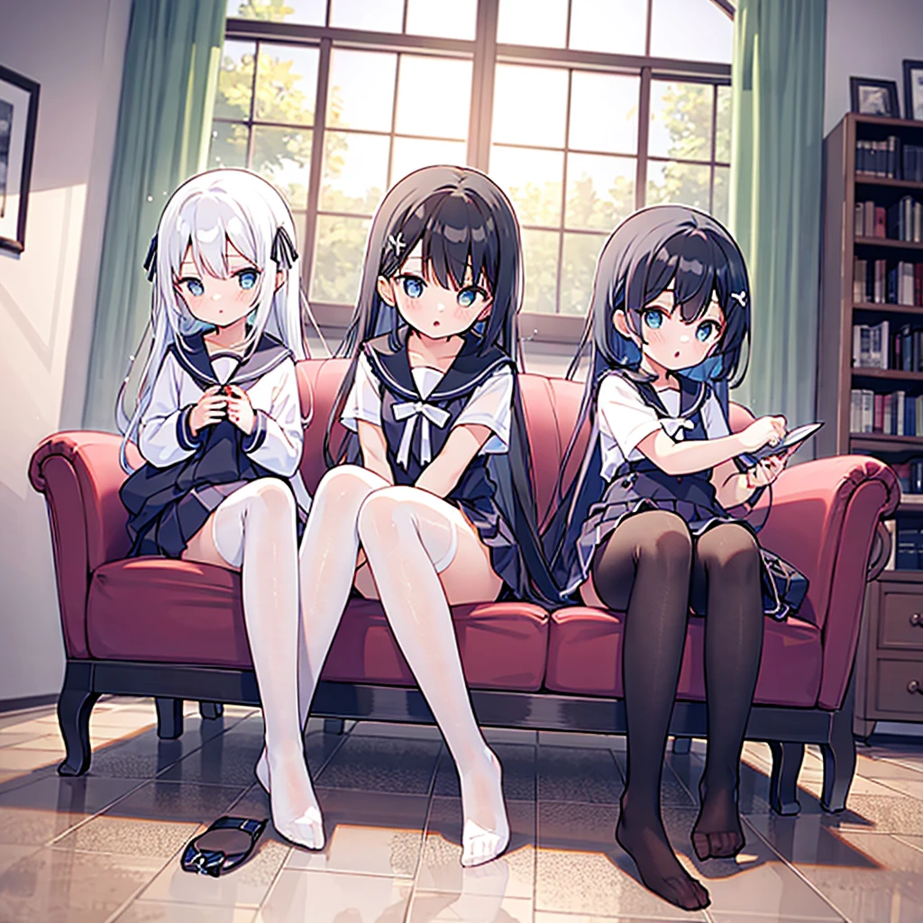 Three Girls, Seraphim, Pleated skirt, Sitting, Tilt your head, I'Being there for you, sleep, close your eyes, Shopping bag, fake mouse ears headband, Hug a stuffed animal, train, night,