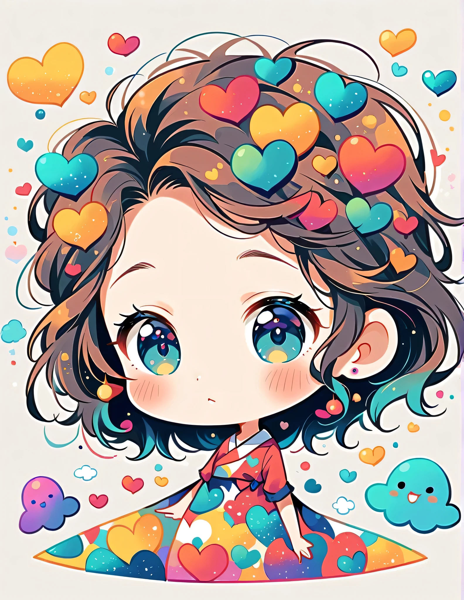Mai Yoneyama style, Simple Line Initialism，Abstract art，Urban Background, colorful hearts ,(((The most beautiful girl of all time))), (((chibi))), (((Cute amoeba))), おとぎの国