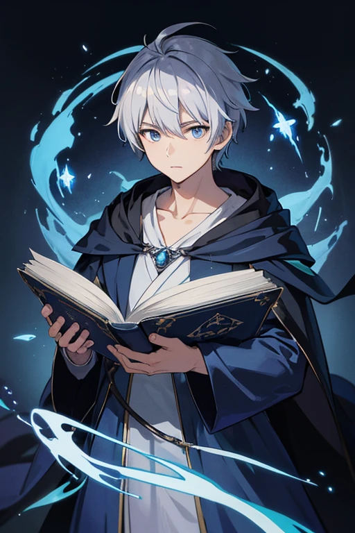 masterpiece, Highest quality, High resolution，Anime Style、Anatomically correct、Silver Hair、Short Hair、male、Wizard、Robe、magic、Blue flames fly around、Hold the spellbook in one hand、A blue flame floats on one hand、With an ancient castle in the background、Upper body only