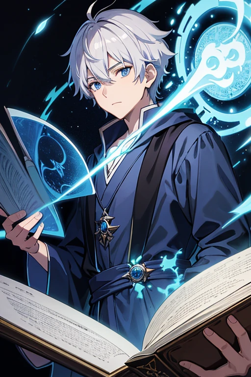 masterpiece, Highest quality, High resolution,Anime Style、Anatomically correct、Silver Hair、Short Hair、male、Wizard、Robe、magic、Blue flames fly around、Hold the spellbook in one hand、A blue flame floats on one hand、With an ancient castle in the background、Upper body only