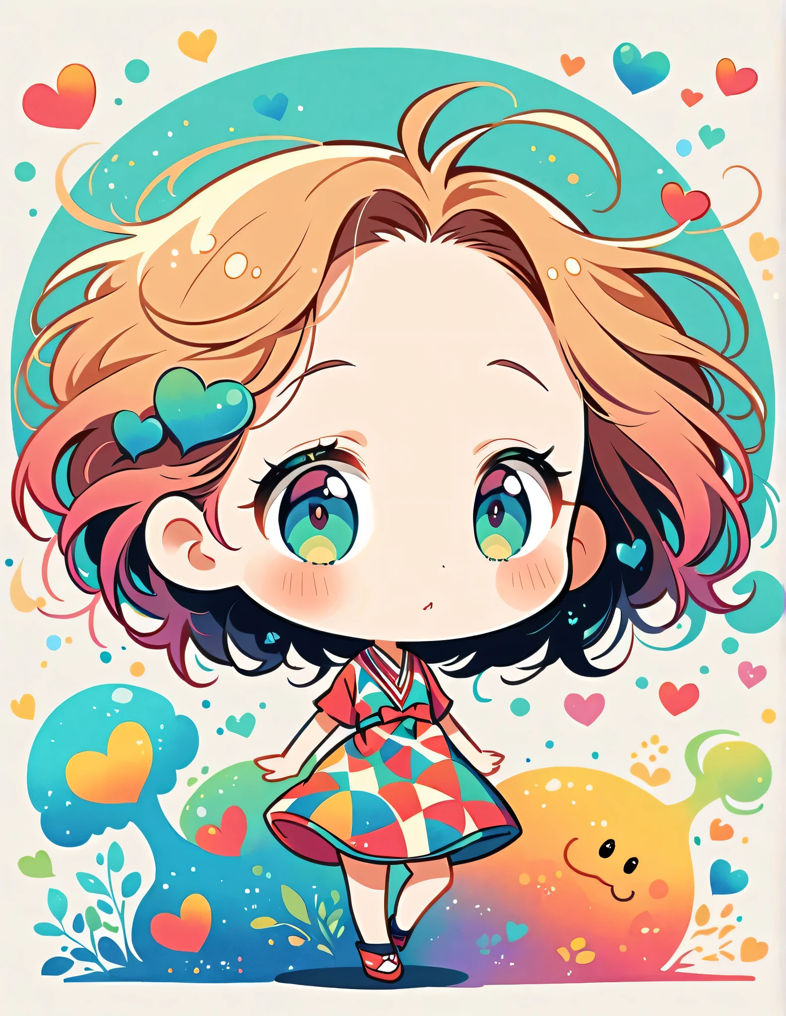 Mai Yoneyama style, Simple Line Initialism，Abstract art，Urban Background, colorful hearts ,(((The most beautiful girl of all time))), (((chibi))), (((Cute amoeba))), おとぎの国