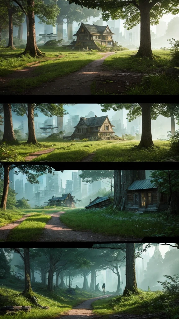 cyber punk, broken, There are lots of photos of old houses there.、There is a deep virgin forest, cyber punk, broken, There are a lot of stones, Lush forest background, Thick wood background, Big Meadow, Arena Background, Game Background, Exaggerated forest background, Manga style