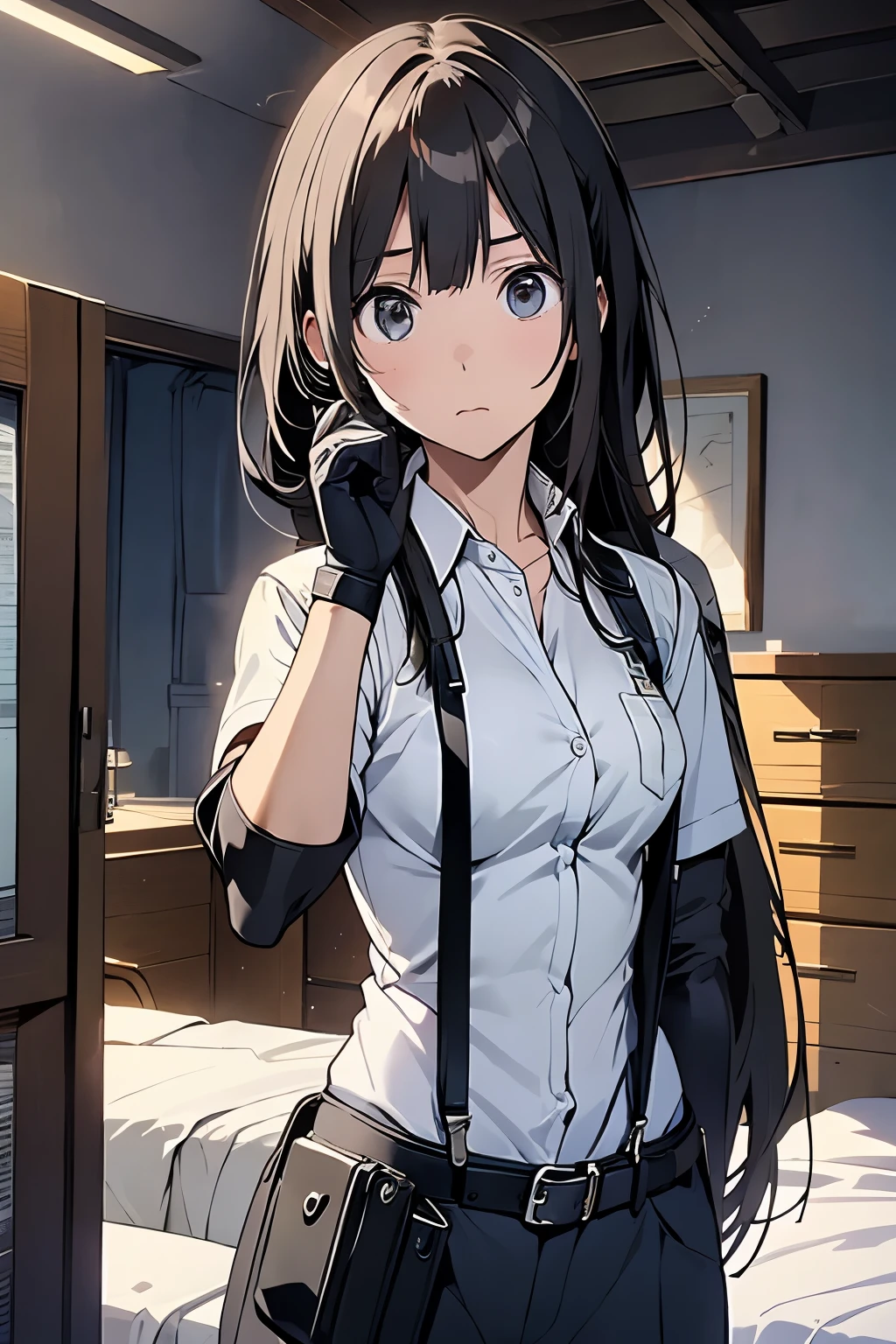 1 female, , high quality, masterpiece, Ultra-high resolution, , Cinema Lighting, , , And the suspenders with the cranes flying　　　Moderate breasts　 　 　　　　Small face　 　　　holster　　　　　　　 Lying in bed　Looking up　　　　Sweat 　　　belt　summer　脇Sweat 　Black Hole Gloves　suit　shirt　　Black jacket　 Black trousers　Leg Links　ズボンにbelt　　holster　 　　Hands behind your back　 Anxious expression　Looking up　Anxious face, legs apart