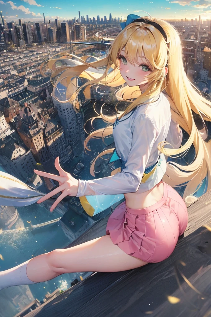 Official Art, masterpiece, Clear focus, (beautiful, Beautiful and cute Korean woman:1.3), (Beautiful and cute Korean:1.3), Korean beauty, 精致beautiful头发、Eyes and face, actual, Super detailed, beautiful女孩, Blue sky, Glowing white particles, (Side Light:1.2), Sunlight, White Cloud, Detailed clouds, Slim, Such a cute big ass, Smile with teeth bared, ((Smile with your eyes, Open your eyes)), landscape, Long straight hair, sexy facial expression, architecture, (city View:1.7), Dynamic Hair, very Long straight hair, Delicate blonde hair, Green Eyes, Pink skirt, Black socks, Pale skin, Hair accessories, epic landscape,,Black high heels,Nice ass,beautiful buttocks,There's nothing under the skirt.,weight loss