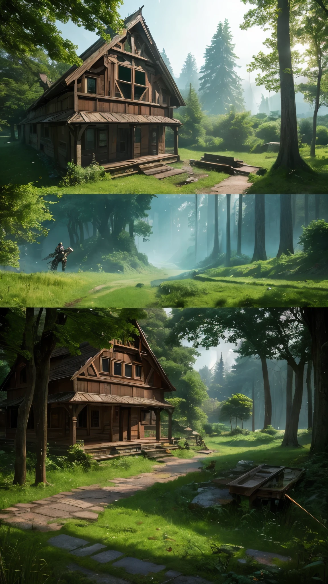 cyber punk, broken, There are lots of photos of old houses there.、There is a deep virgin forest, cyber punk, broken, There are a lot of stones, Lush forest background, Thick wood background, Big Meadow, Arena Background, Game Background, Exaggerated forest background, Manga style