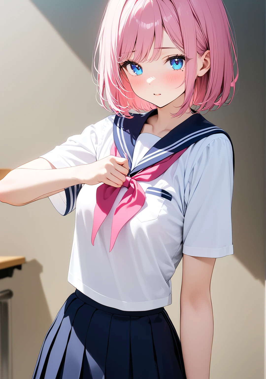 (1 girl),(Best Picture Quality, 8K, Masterpiece:1.3), (high school student:1.5), (pink lob hair:1.1), [skyblue hair:0.1], (bob cut),(swept bangs), (cute eyes, pupil black, iris skyblue, youthful face), (mole under right eye), (standard weight), (small breasts), (glistening skin:1.1),(pale skin:1.2), ((serafuku, white sailor short sleeve simple shirt, darkblue skirt, darkblue sailor collar, pink ribbon))