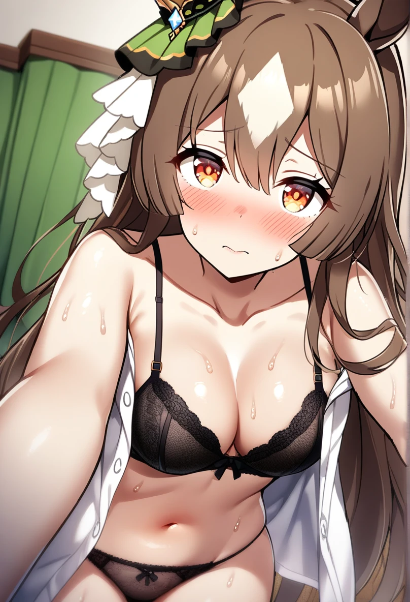 1Girl, satono diamond(umamusume), (umamusume), umamusume, shiny skin, sweat, blush, open shirt, bra, panties, looking at viewer, (selfie), masterpiece, best quality, very aesthetic, recent, mid,  