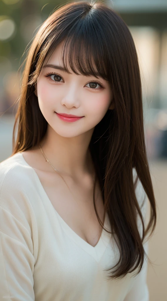 Tabletop, Highest quality, shape, Very detailed, finely, High resolution, 8k wallpaper, 完璧なダイナミックな構shape, Beautiful and exquisite,ランダムなcute髪,,Natural color lip, Bold sexy pose,smile、20-year-old girl、cute、Looking into the camera,Always blur the background,Perfect and beautiful face,Slim face and figure,Big eyes、Putting on gal makeup,Small face,Shooting from below、smile,Blurred Background,Elegant feminine face、Cyberpunk Fashion、smile、Beach、sunset