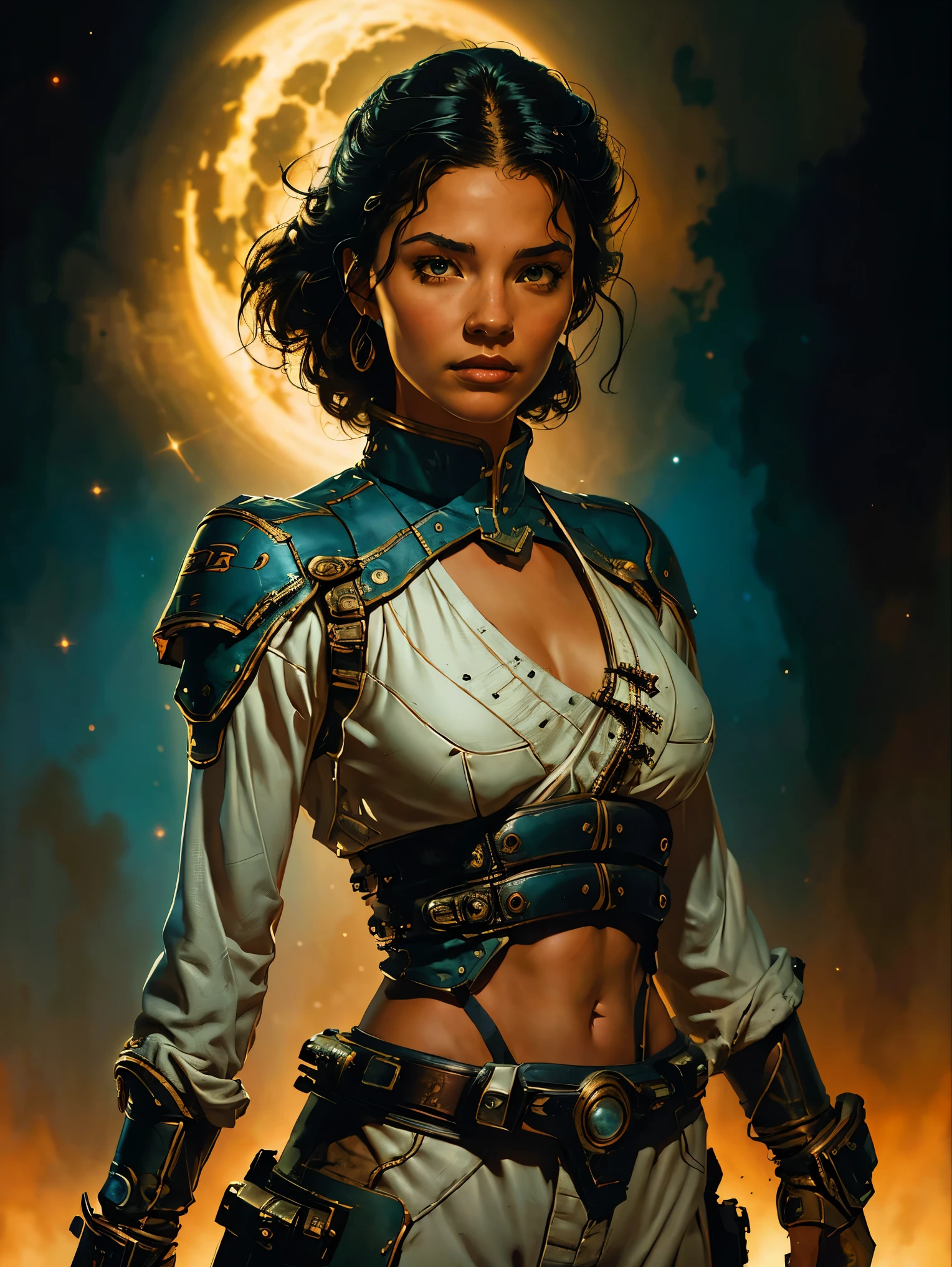 a young female space fighter pilot based on Zhao Lusi, sci-fi illustration, highly detailed cinematic fantasy portrait, black outlining, full color illustration, in the style of BORIS VALLEJO & JULIE BELL, masterpiece, 8k, ultra-detailed, physically-based rendering, vivid colors, dramatic lighting, intricate background, fantasy, photorealistic