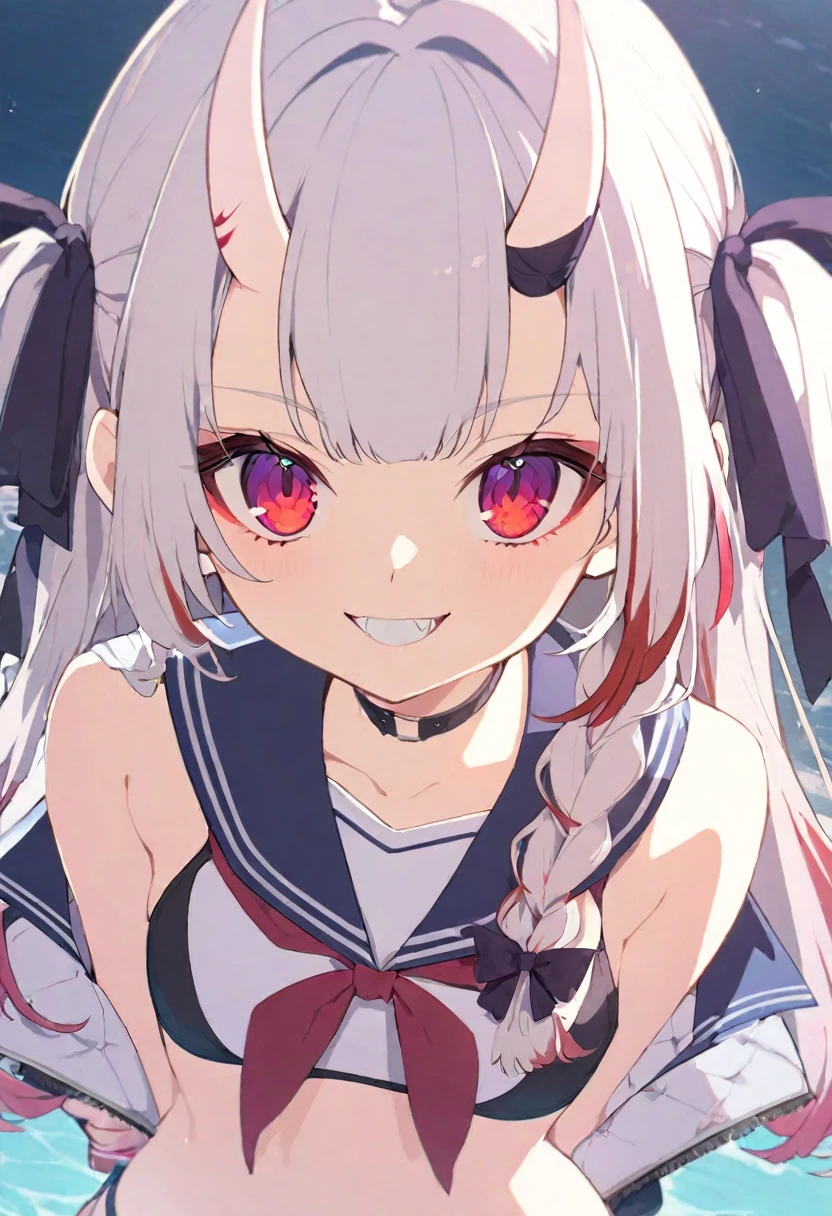 1 girl, vtuber style, cool girl, hololive, Nakiri Ayame, oni horns, Sailor collar, swimsuit, bikini, small chest, cropped shoulders, clavicle, looking at viewer, smile, (whole body), standing,